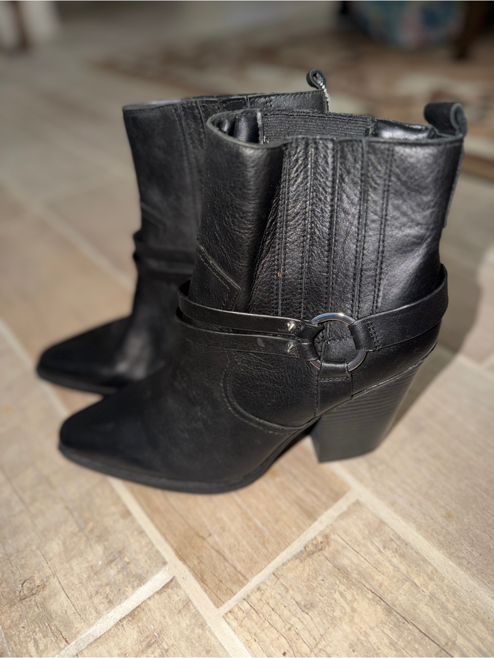 Aldo Women’s Black Leather Ankle Boots with Block Heel